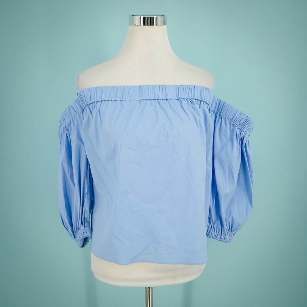 Milly Size Small S Blue Poplin Off the Shoulder Crop 3/4 Elbow Sleeve Cotton Top